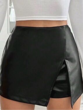 iris Black Faux Leather Skort with Wrap-Style Front